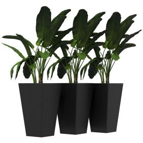 Rattan-Style Plastic Planters with Drainage Holes, Set of 3 - 24 Inch Height, Black