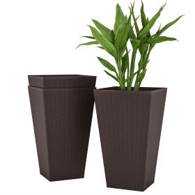 24ft Tall Plastic Planters, Set of 3, with Drainage Hole, Rattan-Style, anti-crack, Outdoor & Indoor, for Office, patios, Brown