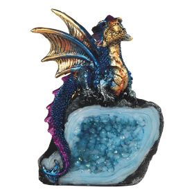 4"H Blue Dragon Guarding Blue Faux Crystal Cave Figurine Home Decor Gift