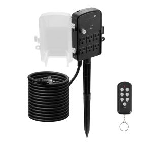 Outdoor Power Stake, 25FT Extension Cord, Outdoor Power Strip Weatherproof with Cover, Remote Control Dusk to Dawn Light Timer Waterproof, 6 Outl