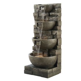 Outdoor Water Fountain, 35.63 in Height Fountain and Waterfall, 4-Tier Floor Standing Cascading Fountains with LED Light and Pump, Block Stack St
