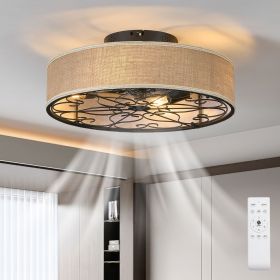 20 Inch Caged Ceiling Fans with Lights Flush Mount,Low Profile Fabric Farmhouse Bladeless Ceiling Fan with Remote