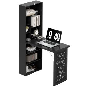 Fold-out Convertible Home Office Desk, Wall Mount Computer Desk with Blackboard and Side Shelf, Black