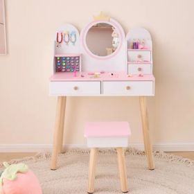 White And Pink Crown Element, MDF + Particleboard + Solid Wood Legs, Painted And Melamine Laminated, 4-drawer Children's Dressing Table Set (Option: Defaulttitle)