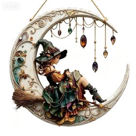 Halloween New Hot Selling Riding Broom Magical Witch Creative Wooden Printing Doors and Windows Garden Hanging Decoration (Color: 26, size: 20*20*0.5)