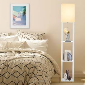 62.9 Inch Floor Lamp with Storage Shelves, Solid Wood Tall Corner Lamp with Bulb, Space Saving Standing Light for Living Room, Bedroom (Color: White)