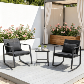3-Piece Outdoor Rocking Bistro Set with Soft Cushions And Tempered Glass Table for Garden Patio Coffee (Color: Black)